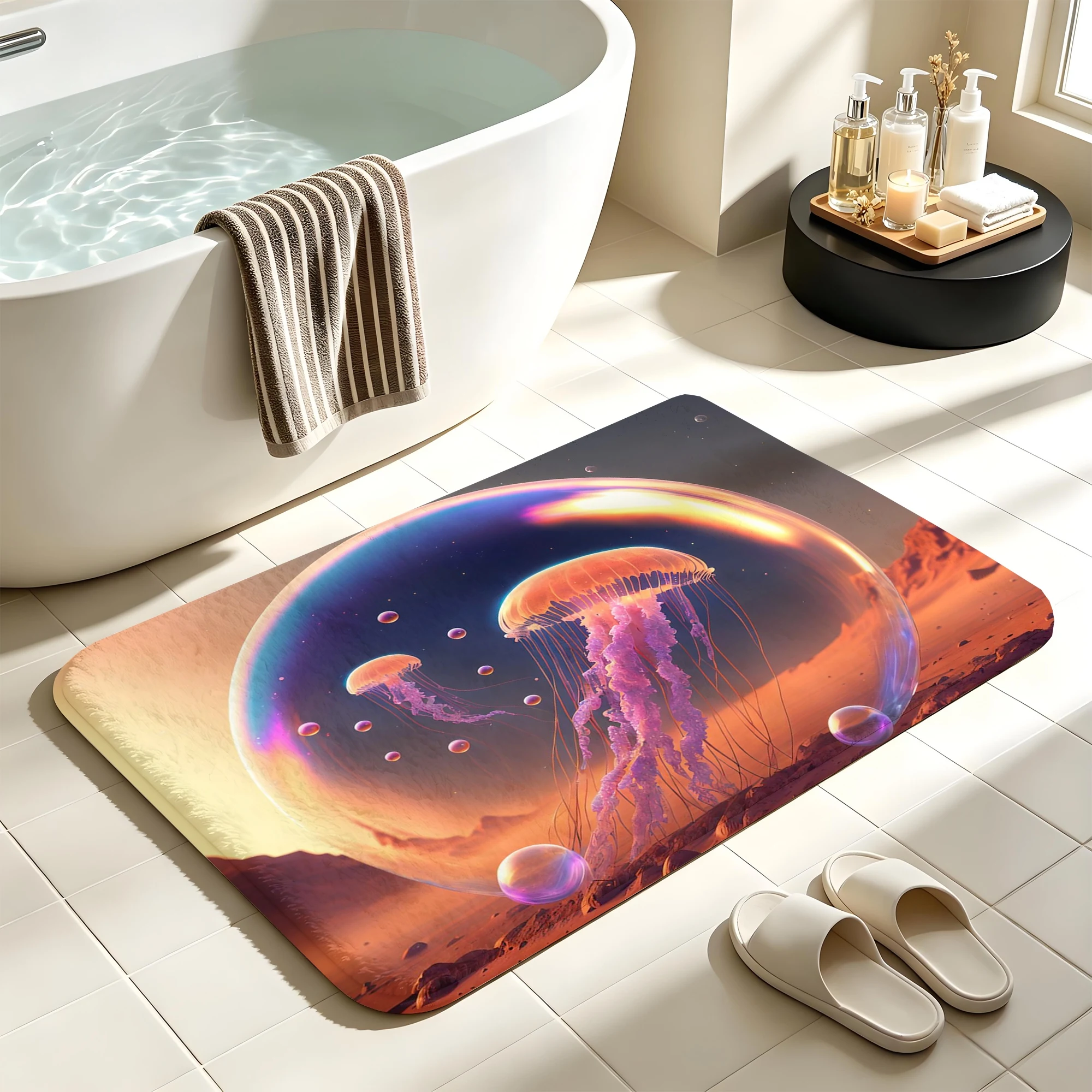 Pink Jellyfish Bath Mat Starry Sky Galaxy Non-Slip Water Absorbent Bathroom Rug Soft Floor Carpet for Bathtub Shower