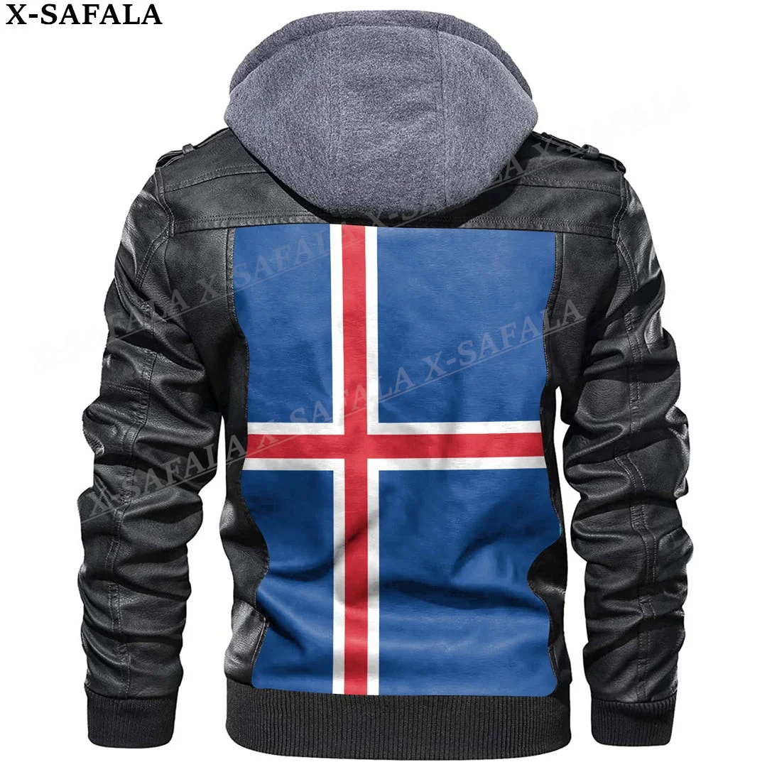 Iceland Country Flag Leather Jacket Men Winter Fleece Motorcycle Faux Leather Jacket Removable Fur Collar Windbreaker Coat-1