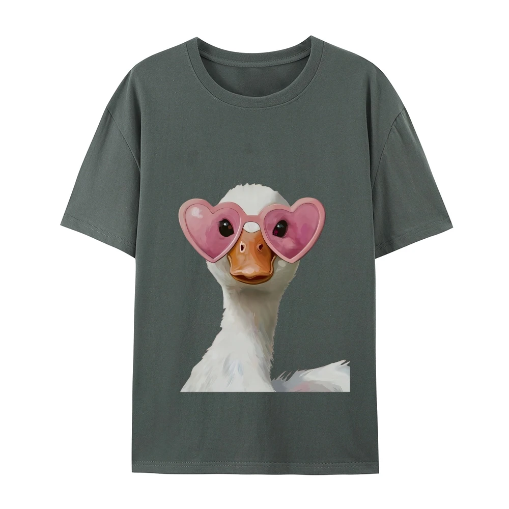 

Футболка с рисунком «Утка Сердце» Футболка с очками Все хлопок Высокое качество Оверсайз Красочная утка с розовыми очками Принт Веселый тренд Y2K