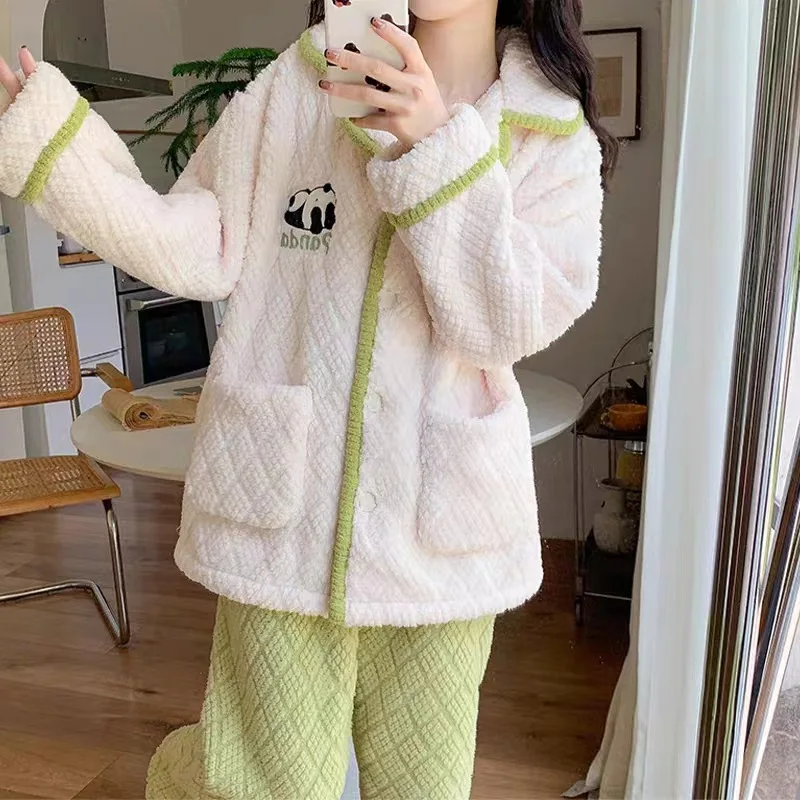 

Утолщенный пижамный комплект из кораллового флиса для девочек, бархатная теплая ночная рубашка с рисунком панды, женские брюки с длинными рукавами, халат, домашняя одежда, зимняя одежда