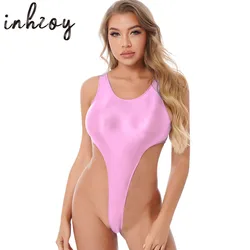 Body brillante de corte alto para mujer, traje de baño de una pieza, Sexy, sin espalda, ajustado, con Tanga brillante, ropa de playa