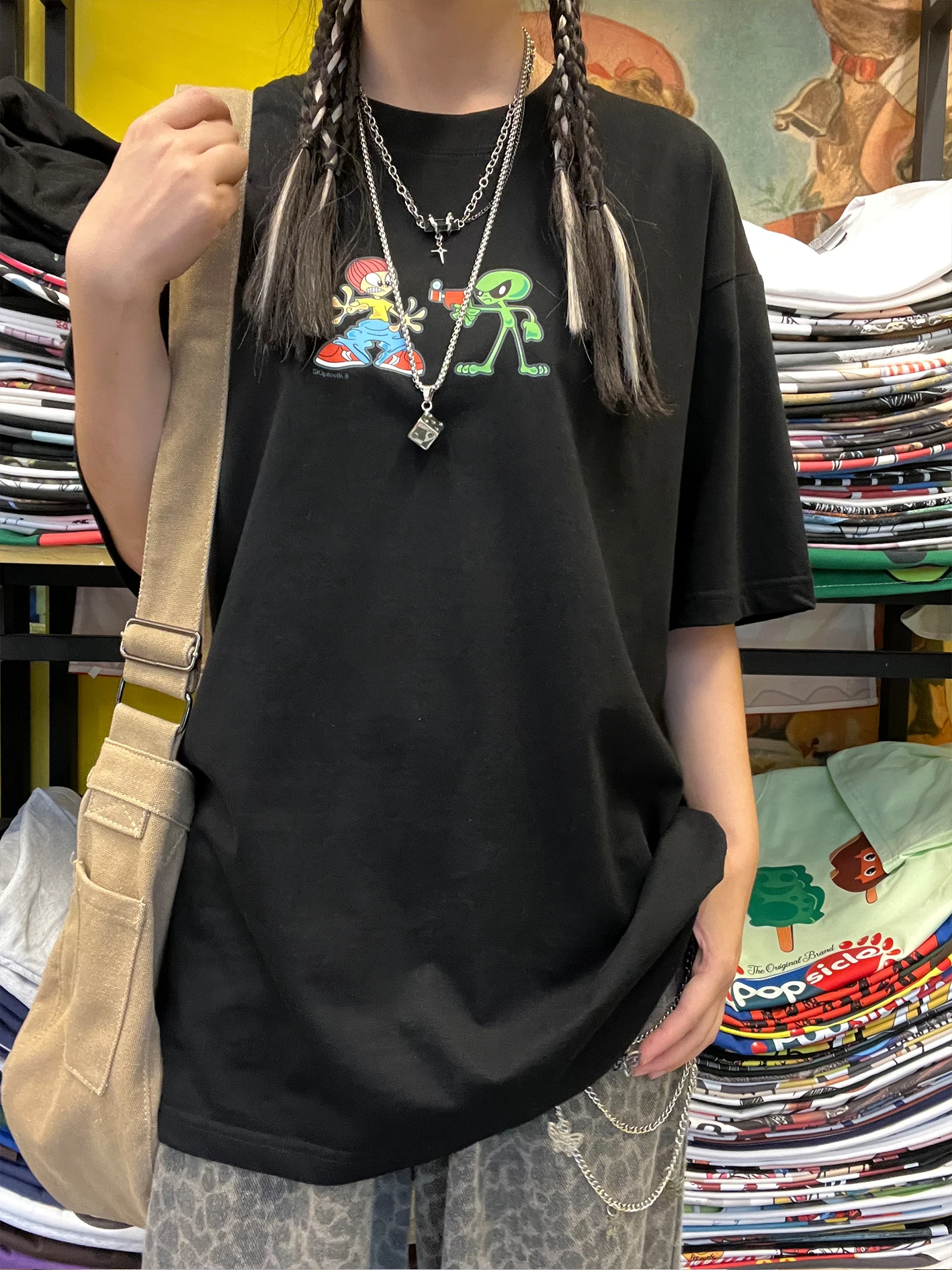 

Heavily Weighted 260G Cartoon Street Style Short Sleeve T-Shirt Weird Flavor Hong Kong Style Vintage Design Green Alien Attack