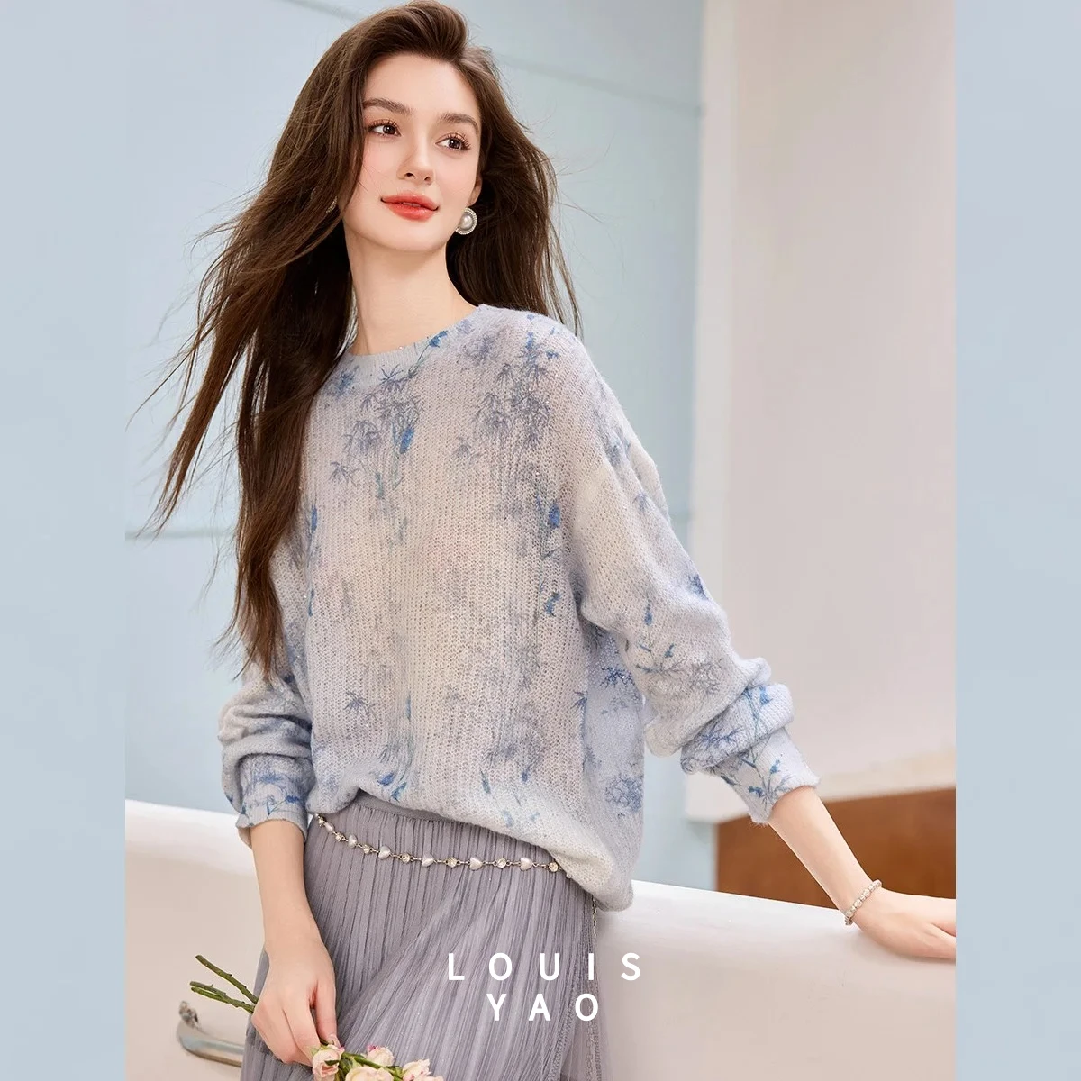 

LOUISYAO Elegant Pattern Knitwear Pullovers 2025 Autumn Long Sleeve Hoodie Micro Elastic Women's Knitted Sweater