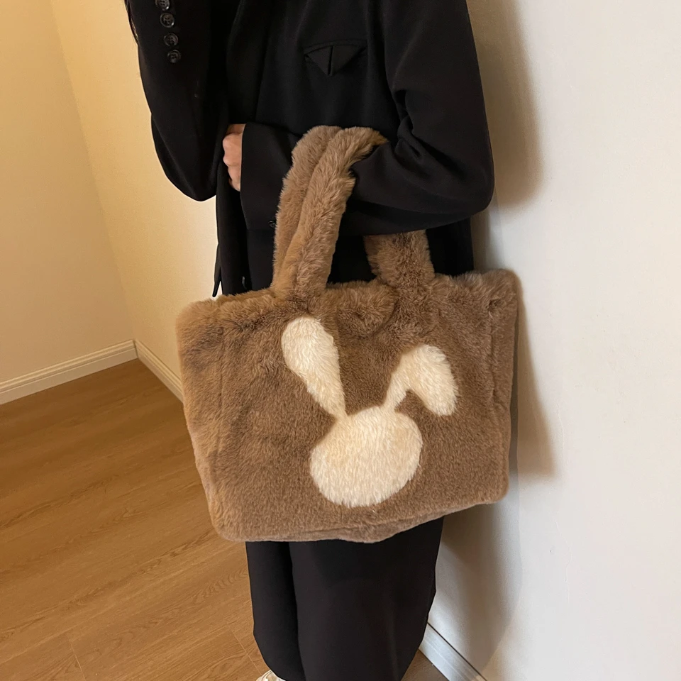 Rabbit Fur Women's Bag Large Plush Eco Bag Korean Furry Shoulder Bag Soft Fluffy Handbag Y2K Sling Bag Bunny Fuzzy Tote Bag Warm