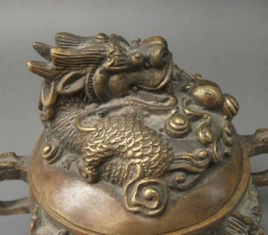 Antique folk collectable Old Bronze Incense Burners Lid w Dragon Censer Signed