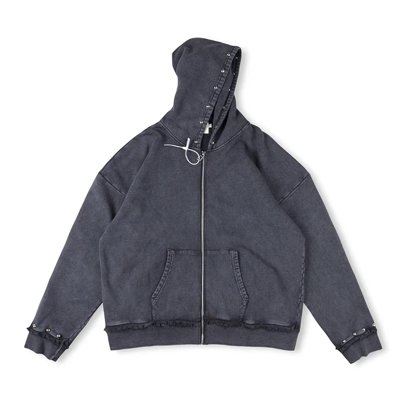 

Streetwear 3D Print Rivet Washed Zipper Hooded Jacket for Men and Women Washed Vintage Casual Loose Hoodies Oversized Hoody
