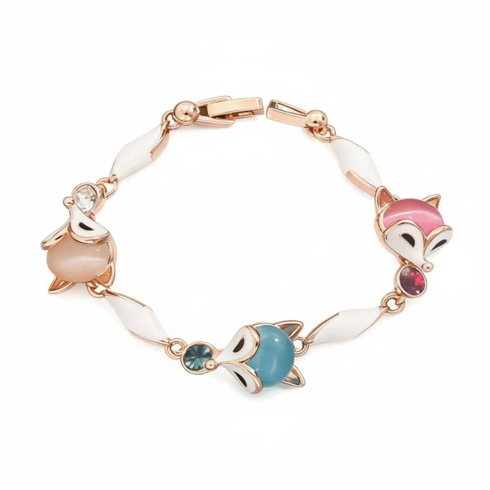 Fox Animal Charm Bracelet Rose Gold Plated Cat Eye Stone Glowing Beads Jewelry for Women Girl Gift