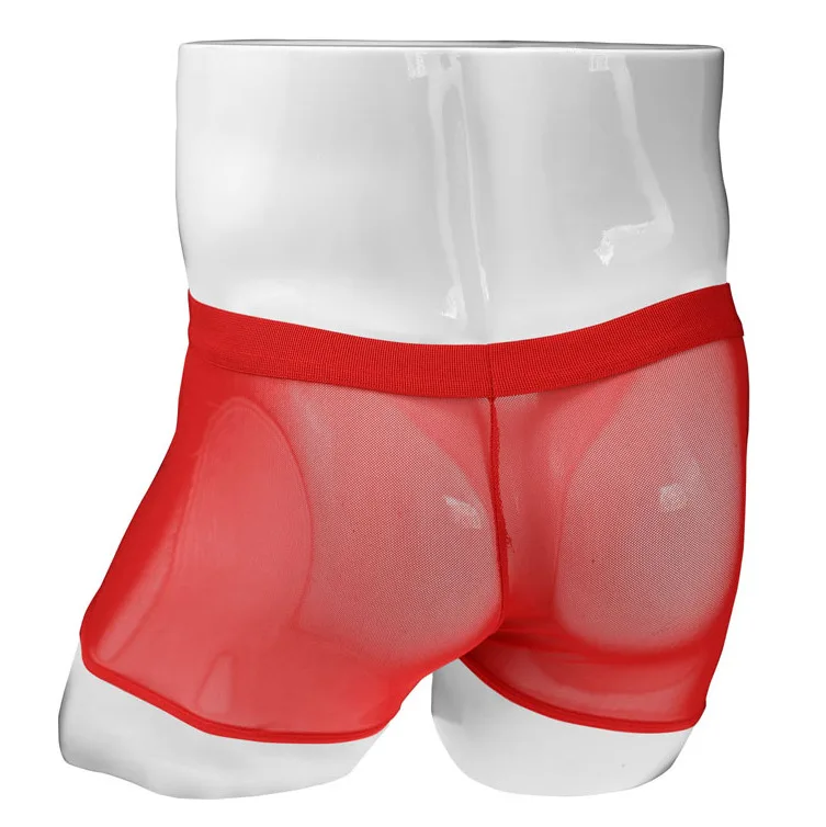 Celana Dalam Pria Model Terbuka, Celana Dalam Pria Model Boxer, Celana Dalam Pria Model Boxer Pinggang Sedang Bahan Kulit Imitasi Jala Halus dengan Ritsleting
