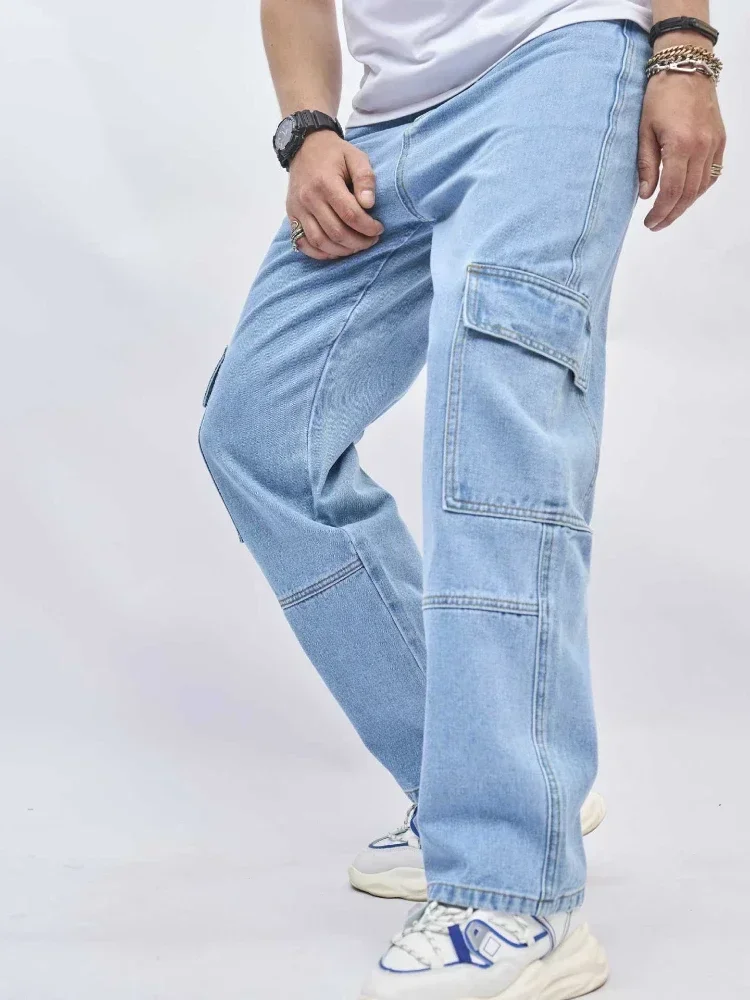 Denim Straight Ankle Length Pants Men Jean Washed Zipper Fly Jeans Loose Fit Solid Pockets High Street Vintage Spliced 2025