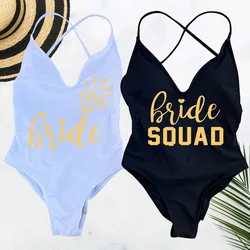 Padded One Piece Swimsuit Sexy BRIDE SQUAD Letter Print Swimwear Women Bikini Bathing Suit Summer Bodysuit Backless monokini