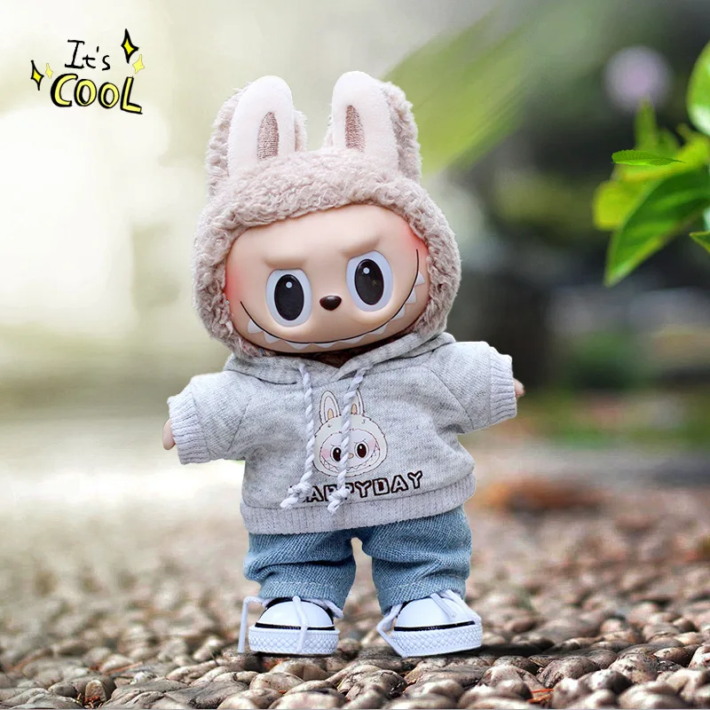 

For 15/17cm Labubu Dolls Fashion Cartoon Hooded Sweatshirt Jeans Set Cute Labubu Clothing Dolls 3.0 Diy Plush Toys Accessories
