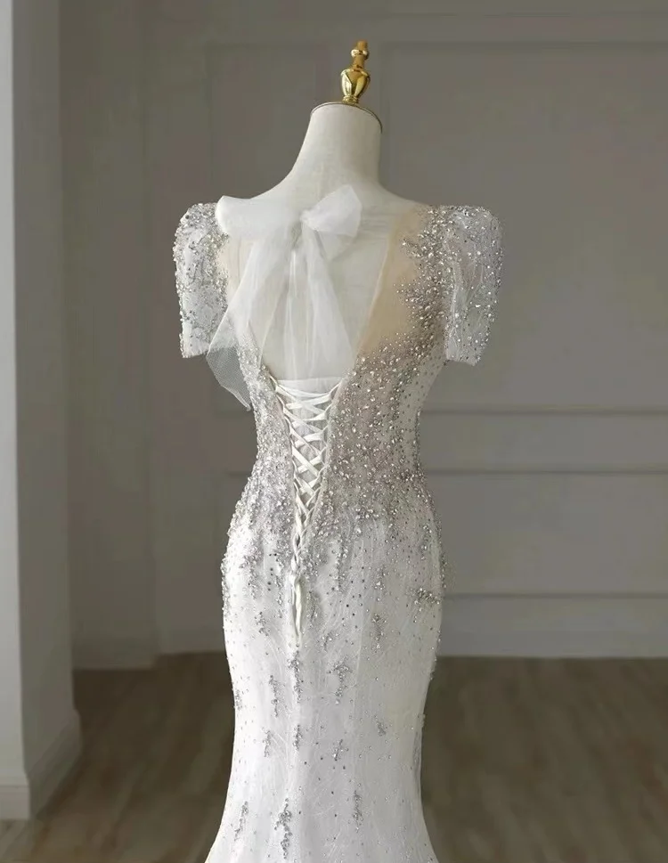 Robe de mariée sirène à manches courtes pour femmes, robes de luxe Boho pour les patients, robes de princesse de vadrouille formelles, CasTrio