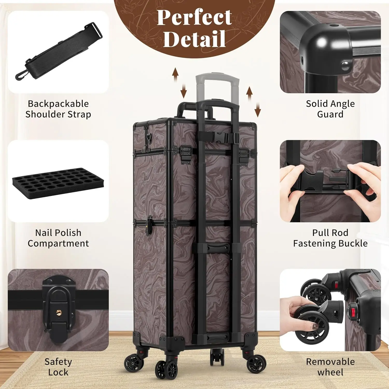 Rolling Makeup Cases with 3 Drawers Cosmetology Luggage on Wheels 5IN1 Makeup Train Case Make Up Organizer for Artist Salon Nail