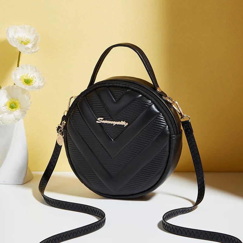 Solid Color Handheld Ladies Bags Small Round Bag 2024 New Fashion Versatile V-Pattern Diagonal Straddle Small Fresh Shoulder Bag