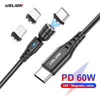 USLION Magnetic PD 60W Fast Charging Cable USB C to Type C Mirco Data Cord for iPhone 15 Pro Max Xiaomi 14 Oneplus 12 POCO X6