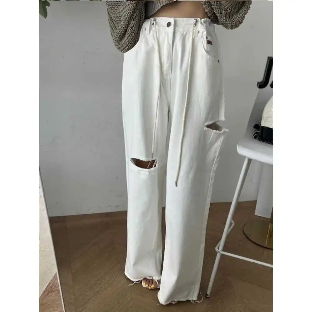 กางเกงยีนส์ขายาวทรงตรงเอวสูงสำหรับผู้หญิง ฤดูใบไม้ผลิ 2024 แฟชั่นคลาสสิก สวมใส่สบาย