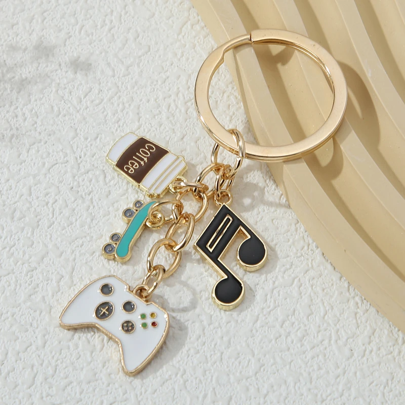 Cute Enamel Key Chains Cartoon Coffee Skate Game Machine Musical Note Keyrings For Women Men Friendship Gift Handmade Jewelry