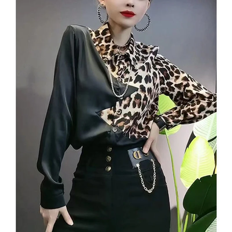 Spring Summer New Street Style Leopard Patchwork Casual Shirt Female Long Sleeve Polo-neck Buttons Top Women Harajuku Y2K Blouse