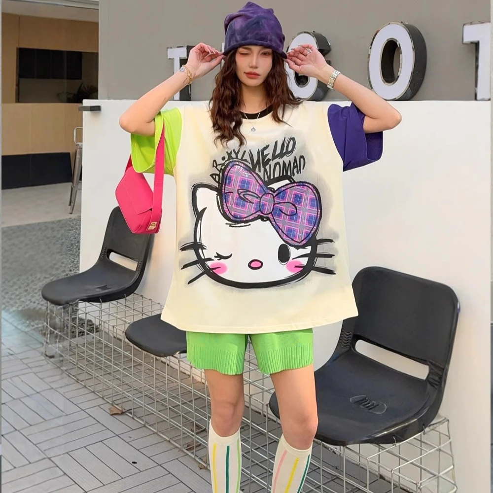

Anime Girls Short Sleeve Large Size Y2K Hello Kitty Sanrios Cartoon Cute Summer Women T-Shirt Retro Splicing Casual Loose Tops
