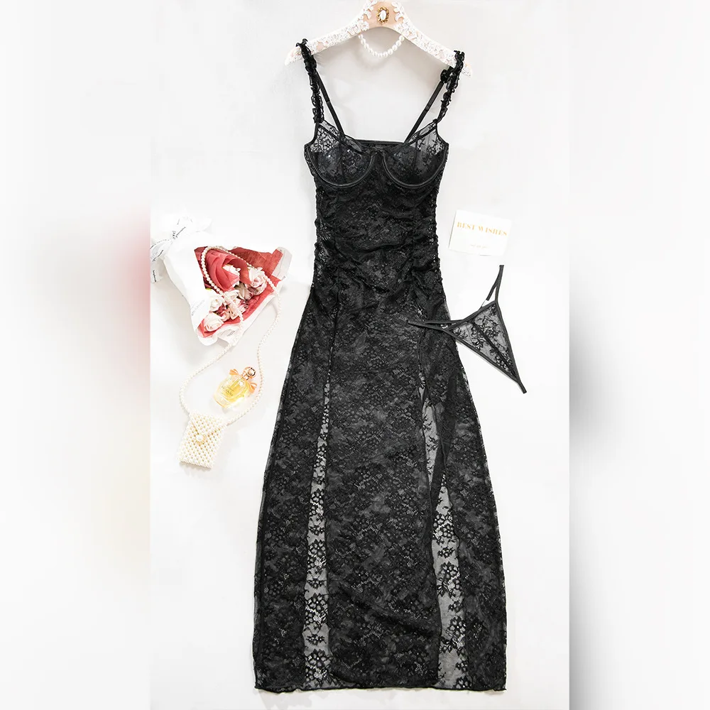 

Черное кружевное прозрачное полые экзотические платья-бретельки женское сексуальное с высоким разрезом на бедрах облегающая сетчатая подкладка длинная юбка большого размера