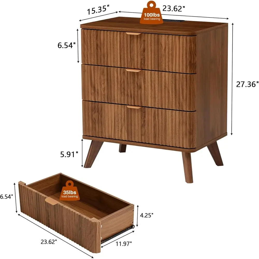 Nachtkastje uit het midden van de eeuw met oplaadpoort, gecanneleerde lades en opbergkast voor modern leven