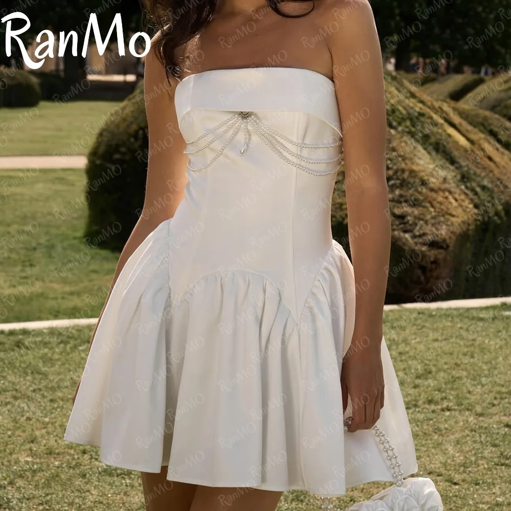 

Ranmo Customized White Wedding Prom Dresses Strapless A Line Mini Bride Evening Dress Satin Civil Bridal Party Cocktail Dress