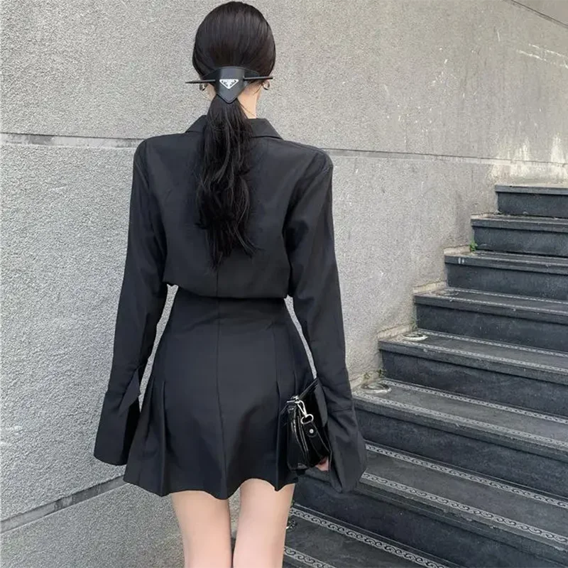 Black Shirt Dress Women Elegant Vintage Long Sleeve Pleated Dress Sexy Gothic Y2k Turn Down Collar Casual Mini Vestidos