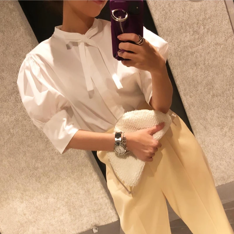 

WAKUTA Puff Sleeve Loose Slimfit Solid Color Shirts Japanese Single Breasted Blouse Spring Fashion Design Vintage Bow Blusas