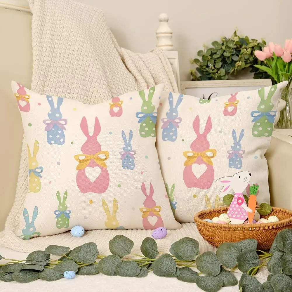 Easter Pillow Covers 18X18 Inch Set of 2,Polka Dots Colorful Bunnies Decorations Holiday Farmhouse Spring Pillow Case for Home