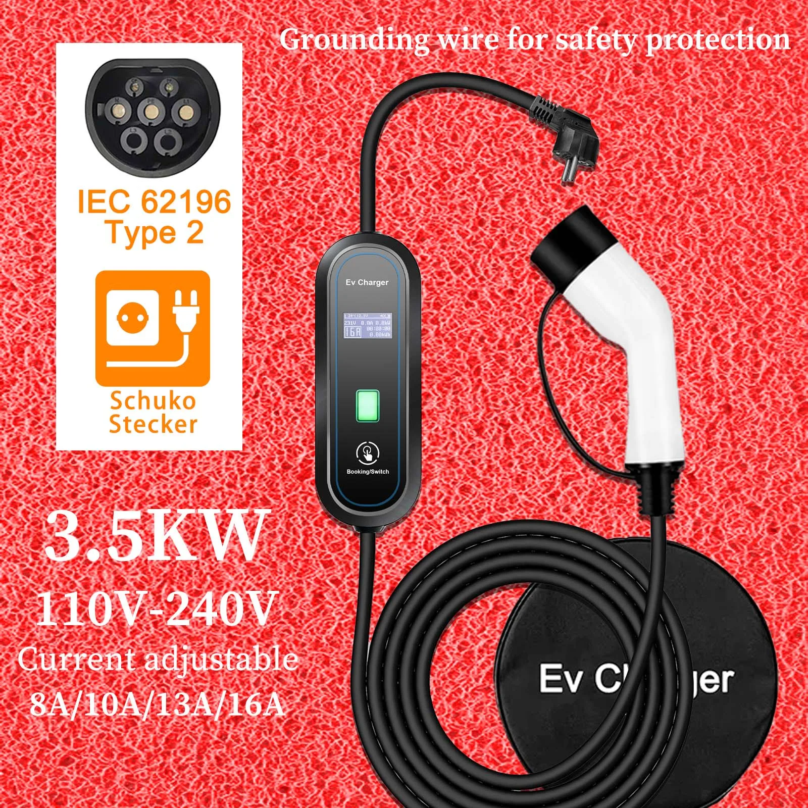 

Teschev Portable EV Charger Type2 IEC62196-2 16A EVSE Charging Cable Type1 SAE J1772 EU Plug Controller Wallbox for Electric Car