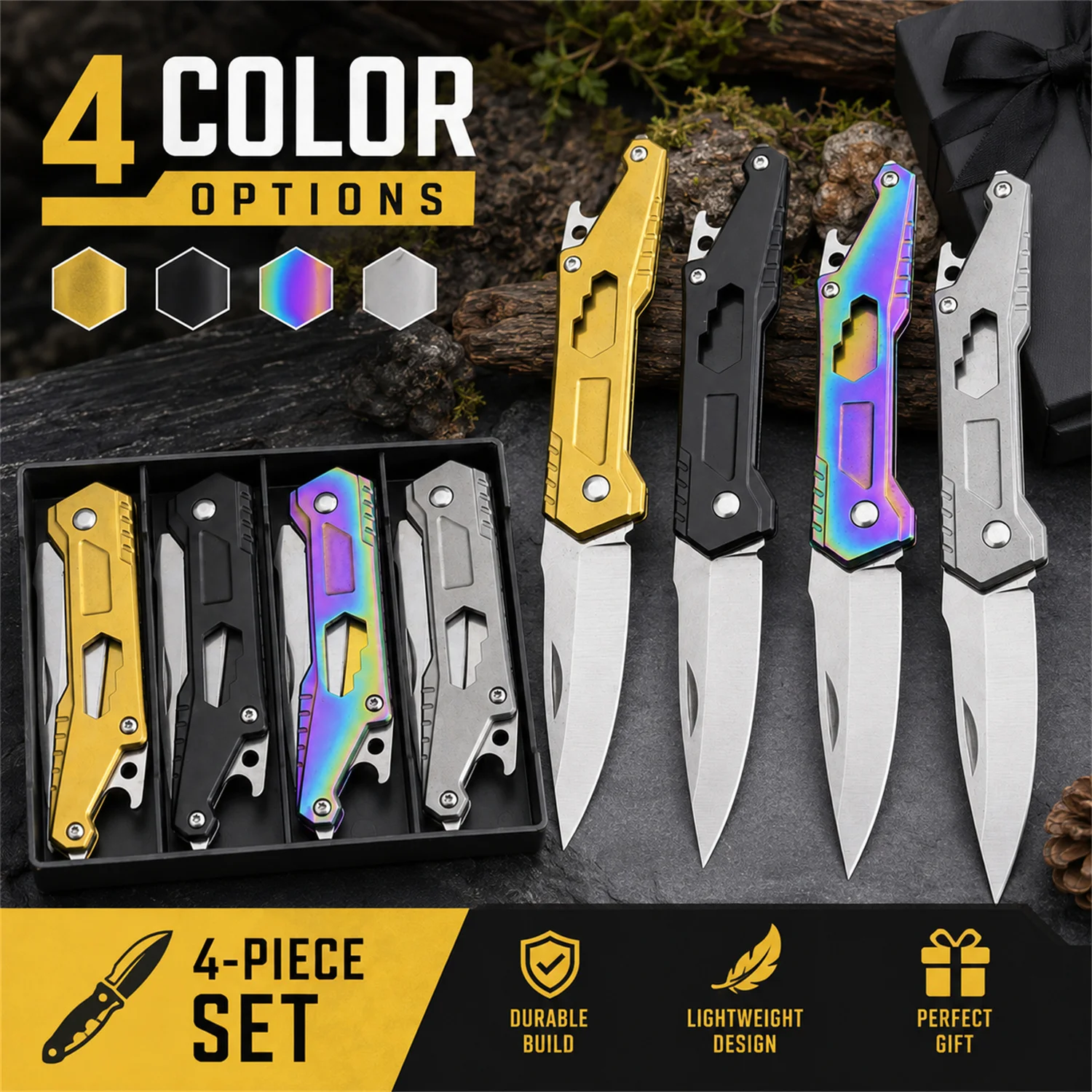 4 Pack Pocket Knife Set Folding Knife with Clip Camping Knife Stainless Steel Blade, EDC Knife for Outdoor Hiking Mens Gift