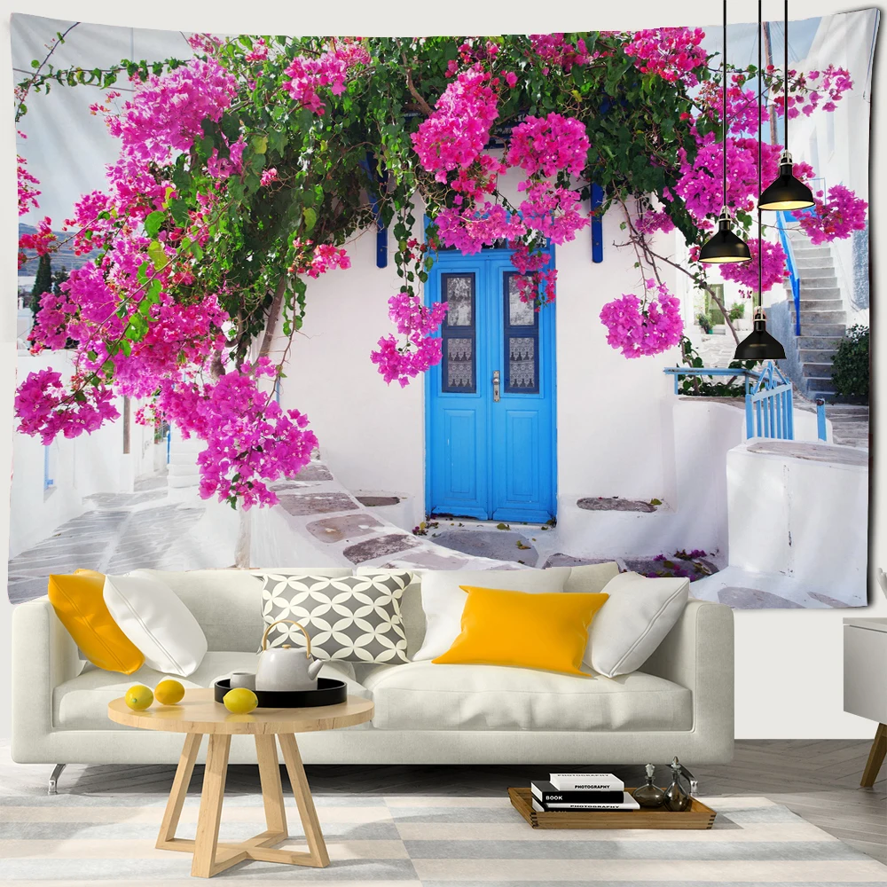 

Flower Seaview Landscape Tapestry Wall Hanging Mediterranean Sea Beach Tapestries 3D Printed Large Wall Tapestry Boho Home Decor