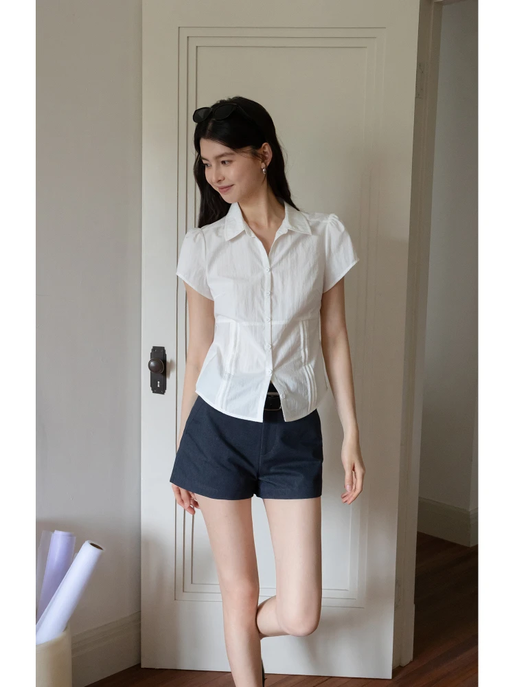 흰색 반소매 셔츠 EGGKA 여름 통근 캐주얼 탑 여성 레귤러 핏 코튼 Lenzing Lyocell 나일론 벨트 프론트 칼라