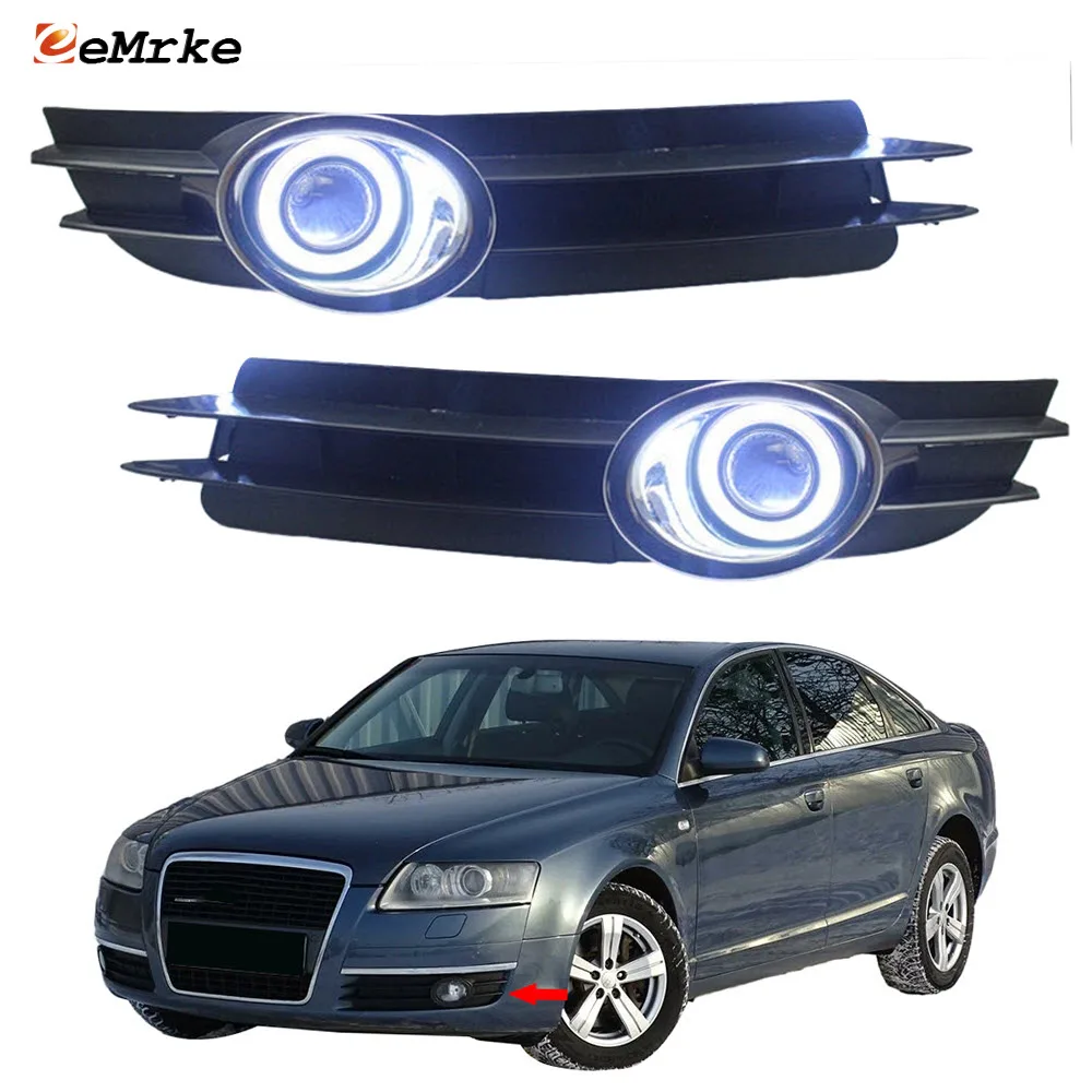 EEMRKE FOR Audi A6 C6 4F 2004-2008 LED Angel Eyes DRL Daytime Running Light Tagfahrlicht Halogen H11 55W Fog Lights Assembly