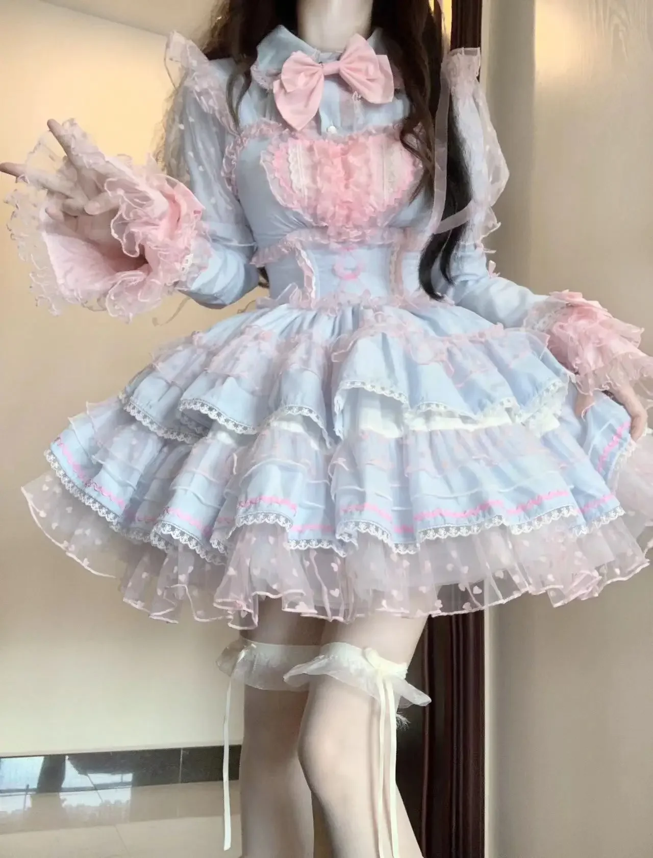 Lolita Style Blue Pink Dopamine Sweet Cute Lace Short Stitching Dress Summer New Girly Style High Waist Princess Lady Dress 2025