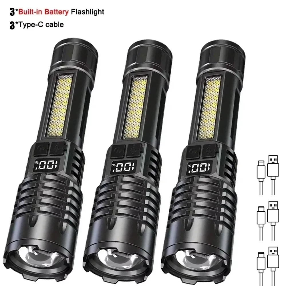 고전력 LED 손전등 야외 캠핑 하이킹을 위한 측면 조명 토치가 있는 강력한 TYPE-C 충전식 COB 손전등