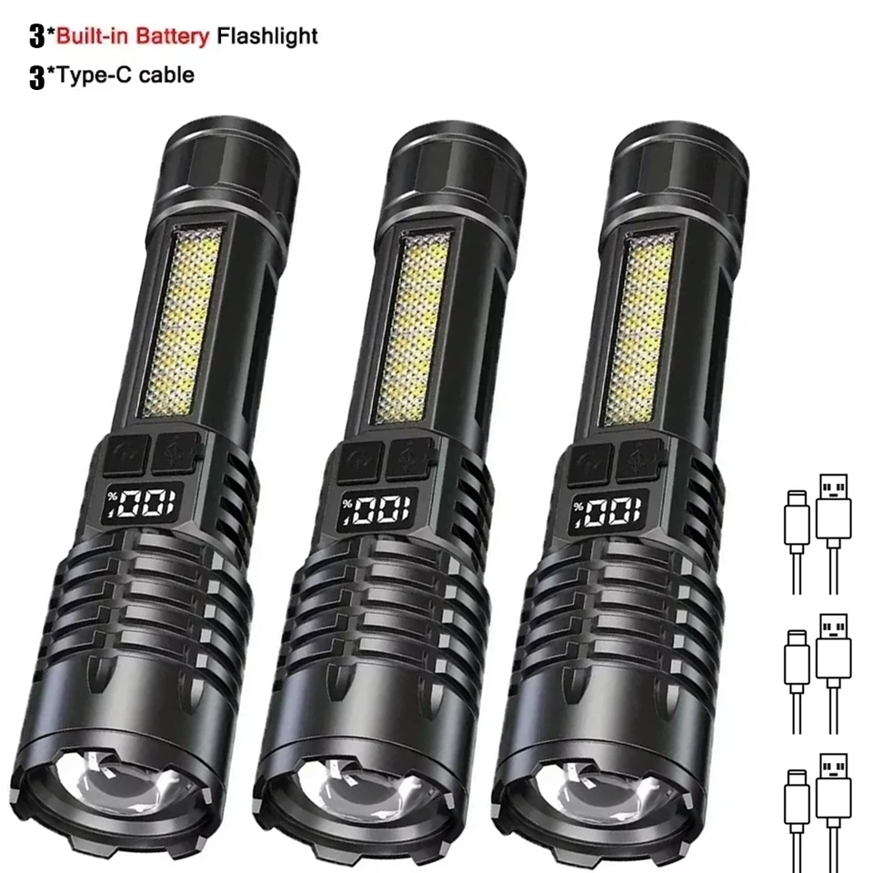 High Power LED Flashlight Powerful TYPE-C Rechargeable COB Flashlight With Side Light Torch For Outdoor Camping Hiking, image 7