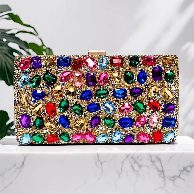 Gold Metal Handle Fashion Women's Handbag Crystal Shiny Rhinestones Diamond Evening Bag Wedding Party Clutch Purse Shoulder Bag