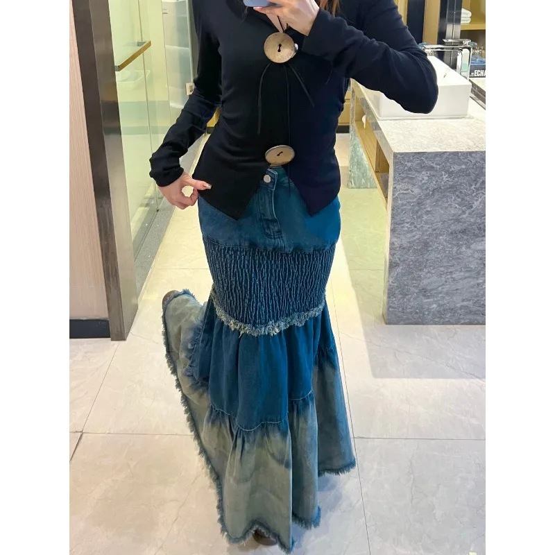 Chic Chic High Waist Long Skirt Women's Autumn and Winter Stitching Denim Fishtail Skirt