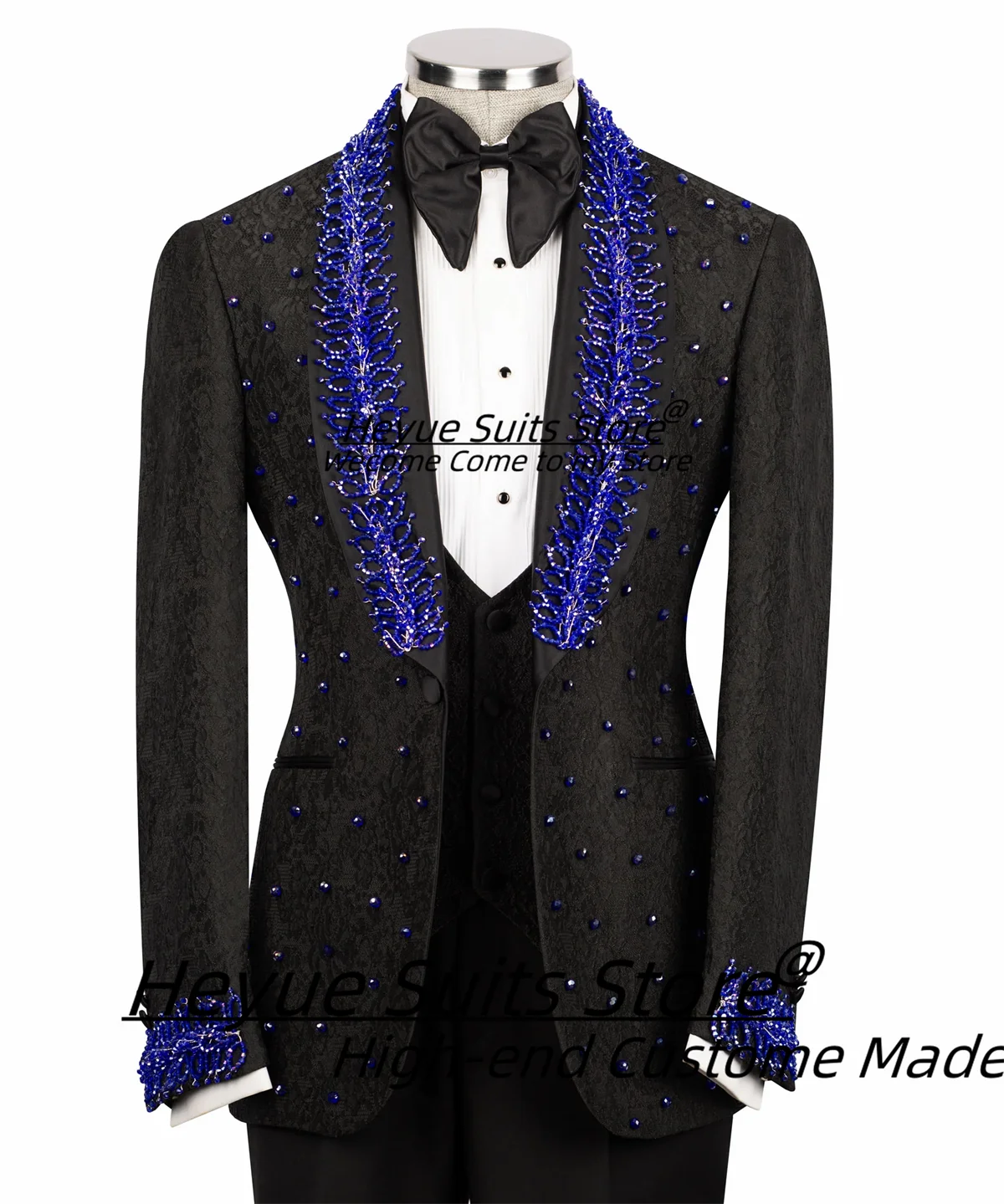 

Shiny Royal Blue Crystal Formal Men Suits Customized Slim Fit Shawl Lapel Groom Wedding Tuxedos 3 Pieces Sets Male Party Blazers