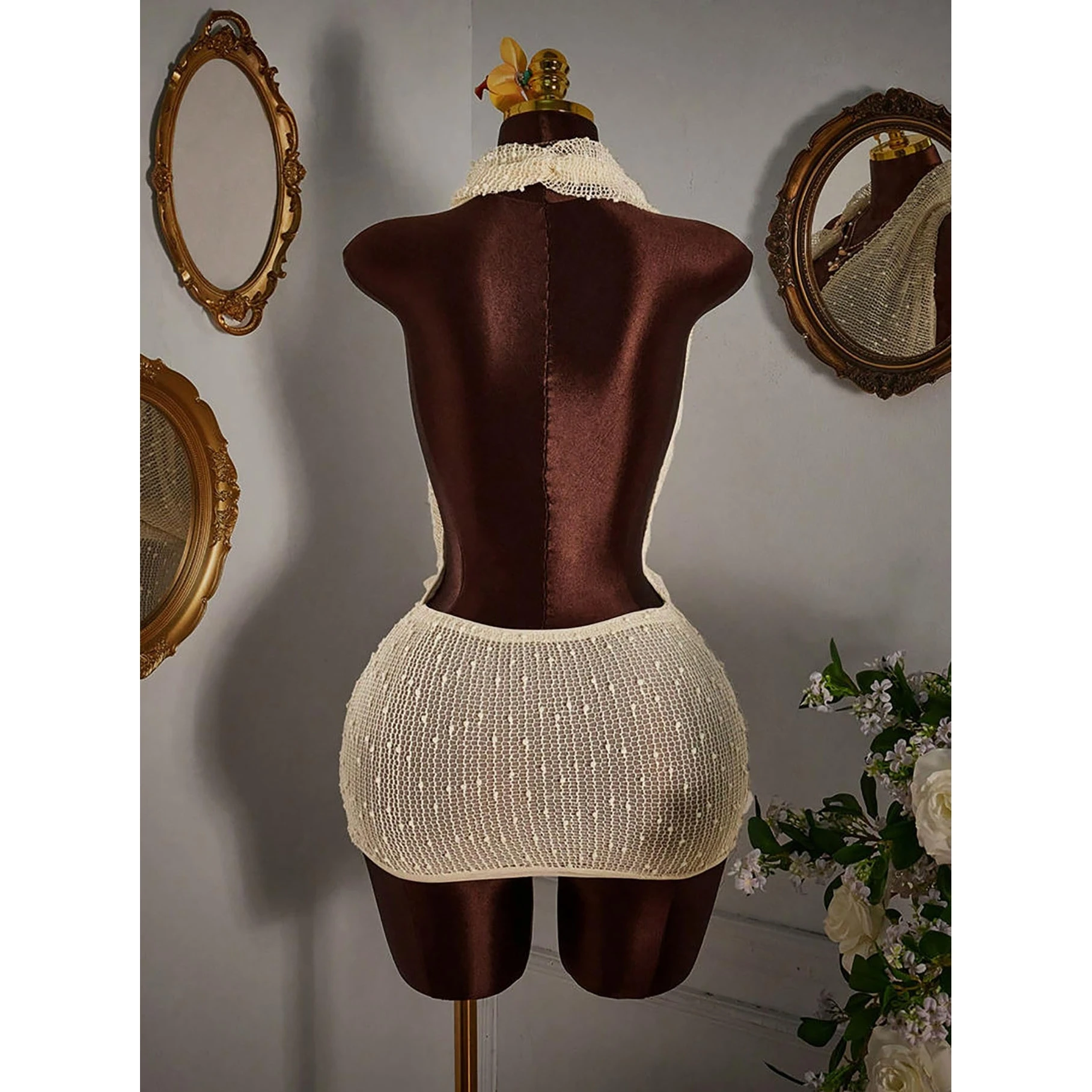 2026 New Hanging Neck Hollow out Knitted Backless Dress Women's Fashion Sexy Short Skirt Cross-Border Popular Female Ethnic Wear