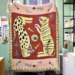 Boho Leopard Tiger Jacquard Throw Blanket Safari Animal Print Woven Tapestry with Fringe Bohemian Jungle Themed Decor