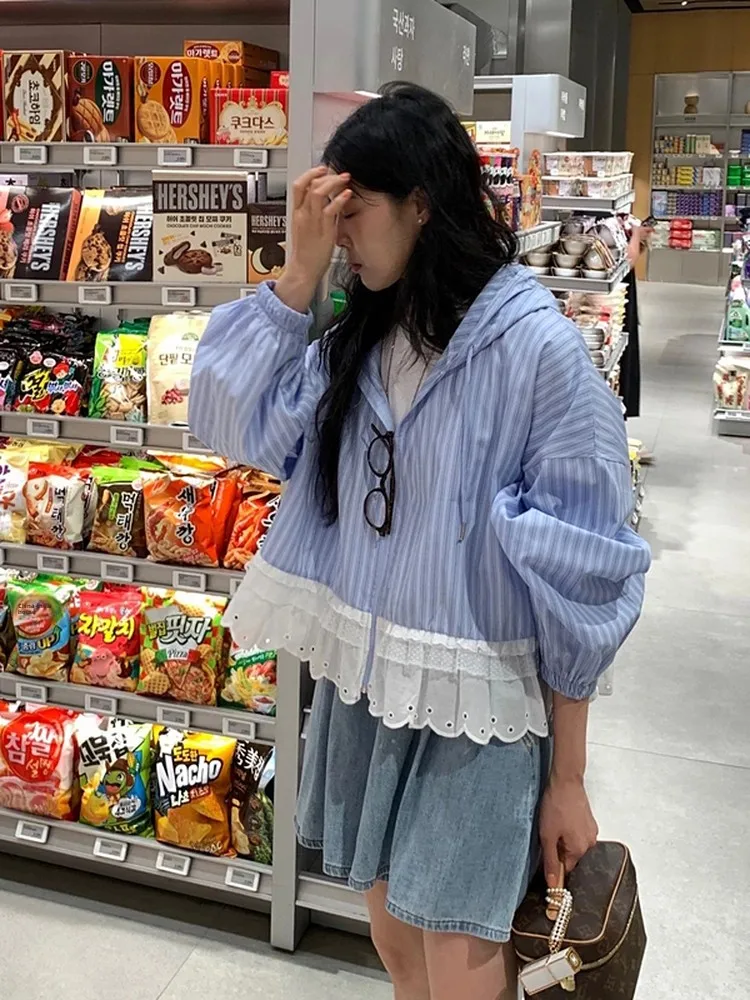 

Women's Flounce Hem Striped irt Dstring Hooded Loose Slimming Sweetened ort Cotton Top Commute Sle Versatile