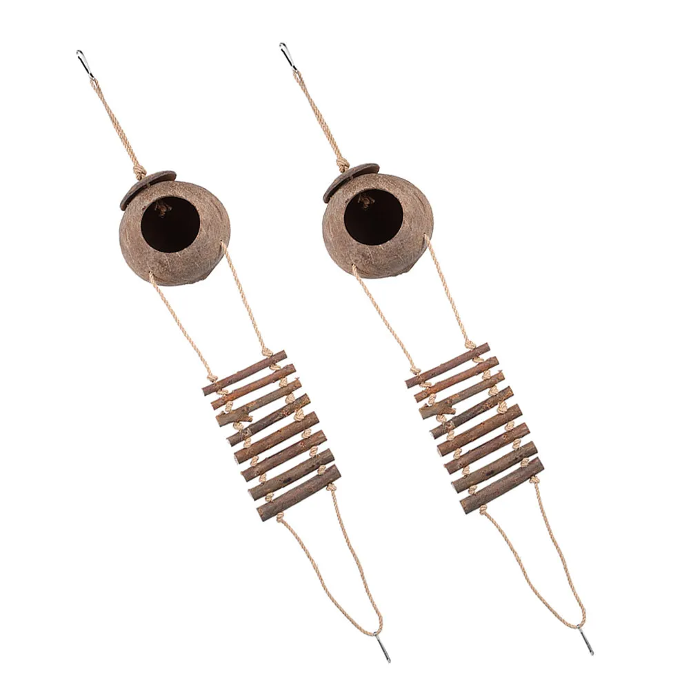 

2Pcs Natural Coconut Shell Bird Nest with Ladder for Parrots Lovebirds Parakeets Reptile Hideout Hanging Garden Nesting Box