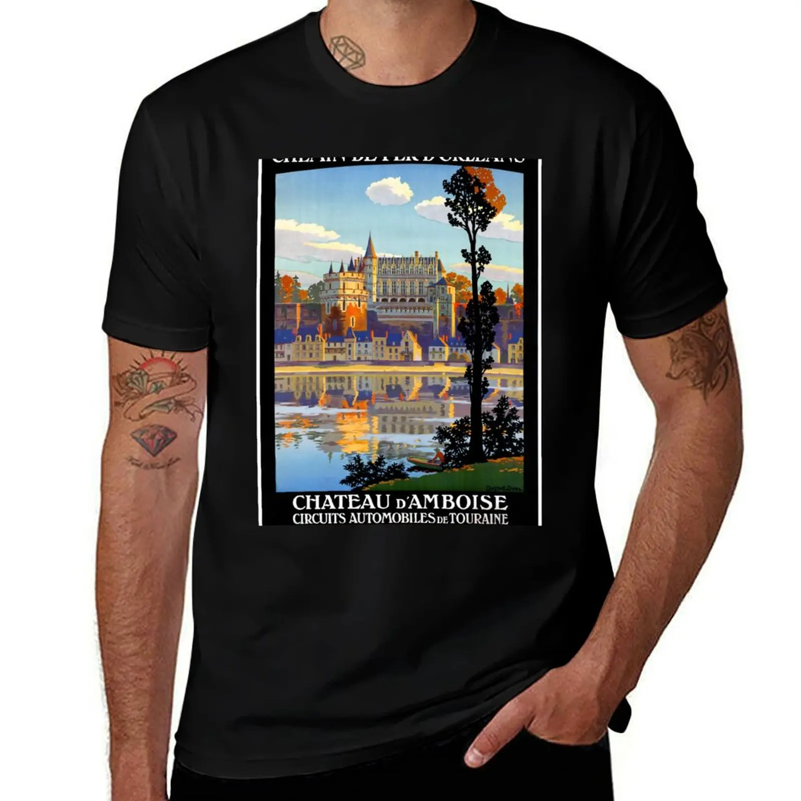 Chateau d'Amboise France Vintage Railroad Travel Poster Restored T-Shirt Basic Plain Tee for Spring and Summer T-Shirt