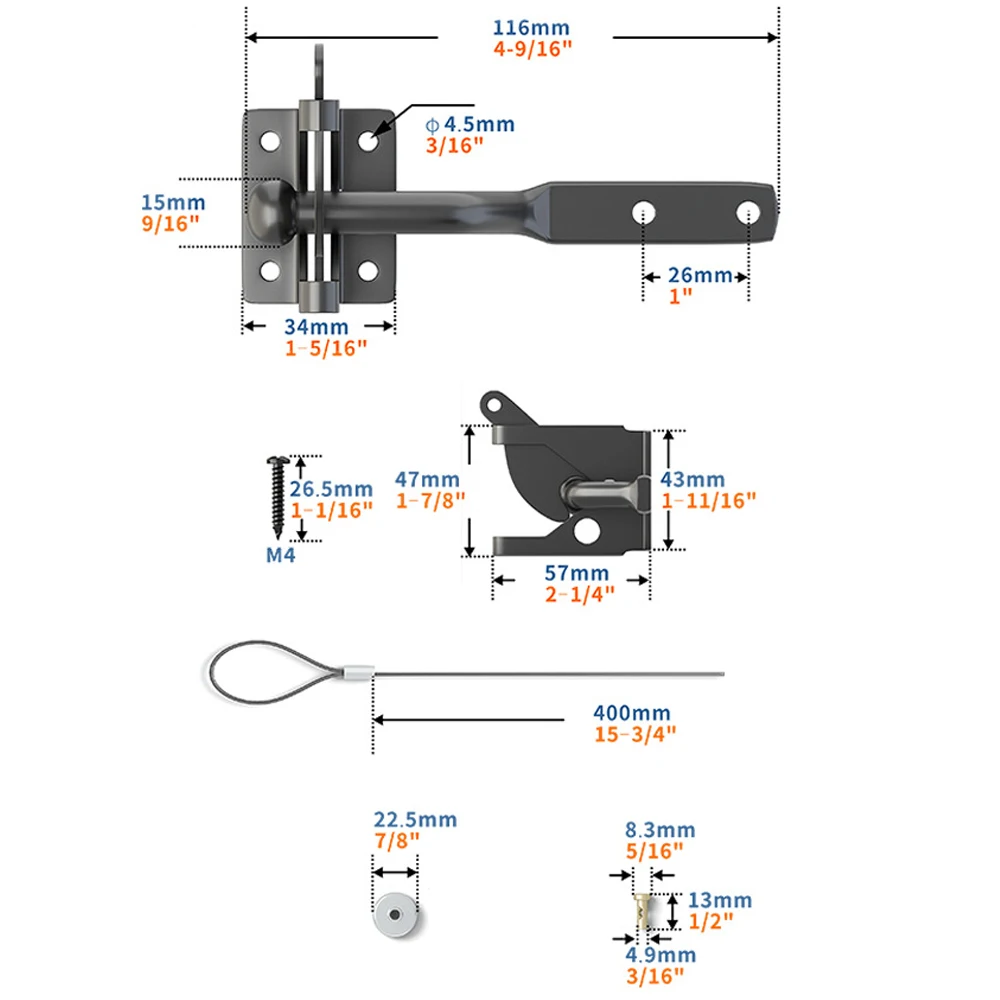 Self Closing Fence Gate Latches with Spring Cable Heavy Duty Automatic Gravity Lever Door Latches Hardware Gate Lock