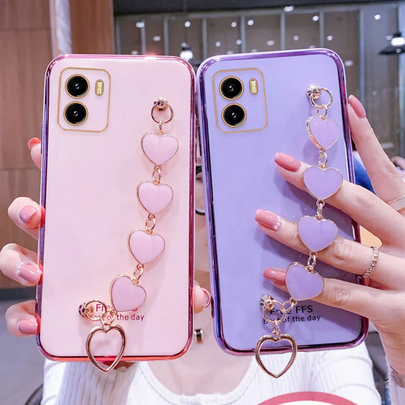 Wrist Bracelet Phone Case For Vivo Y15S Case Luxury Heart Chain Plating Cover Vivo Y15S T1 4G Y75 Y77 Y22 Y 15S Case Silicone