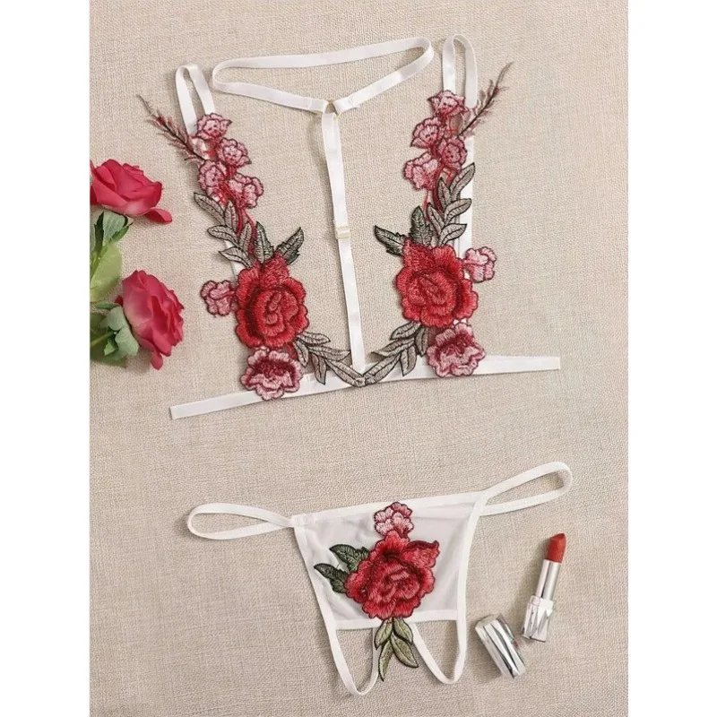 Women Sexy Lingerie Panties Set Erotic Underwear Rose Lace Bra And Panty Set Po…