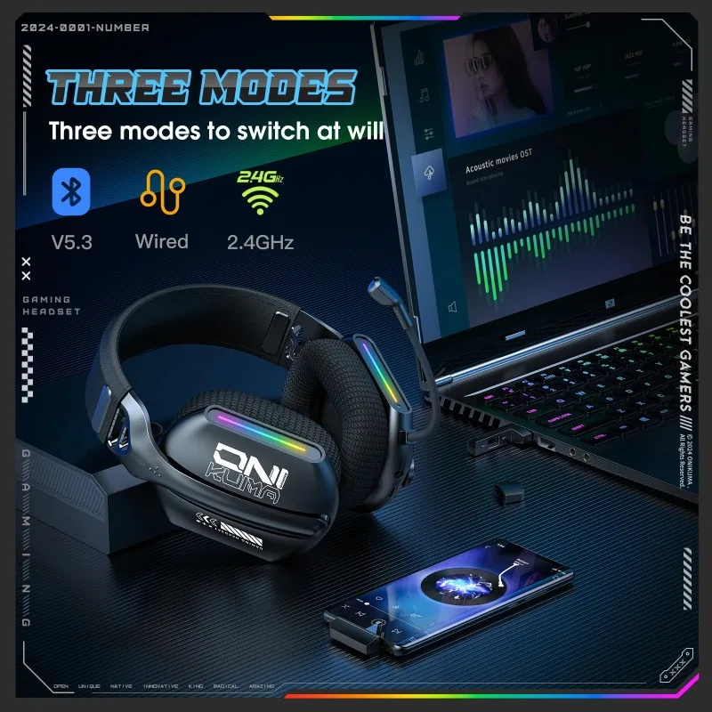 ONIKUMA GT808 Wireless Gaming Headset Tri Mode Bluetooth 5.3 2.4G Wired Low Latency RGB Stereo Surround Mic For PC PS5 Laptop