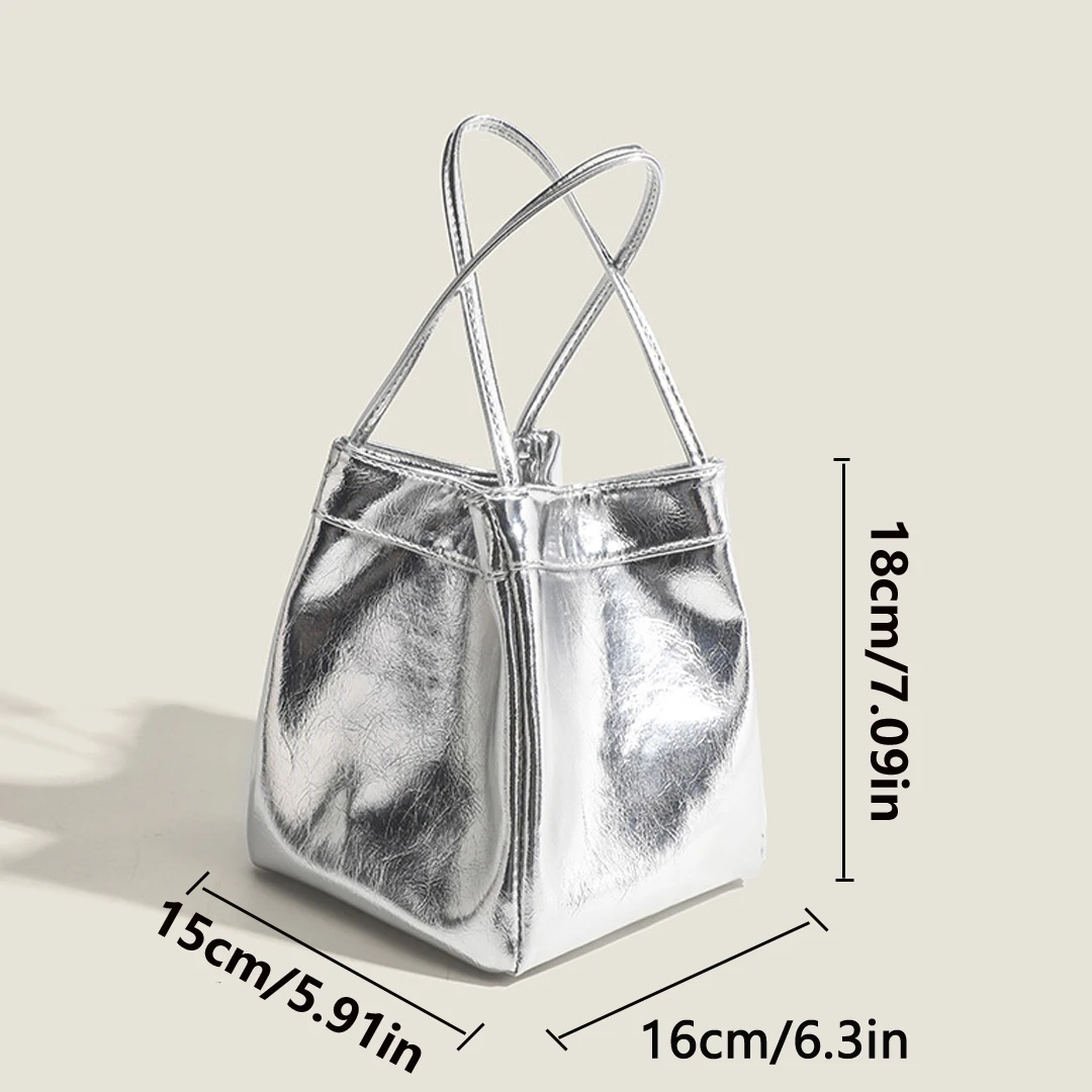 Silver Bucket Bag for Women 2025New Fashionable and Simple Lunch Box Bag Niche Western-style Texture Hand-held Small Bag view 3